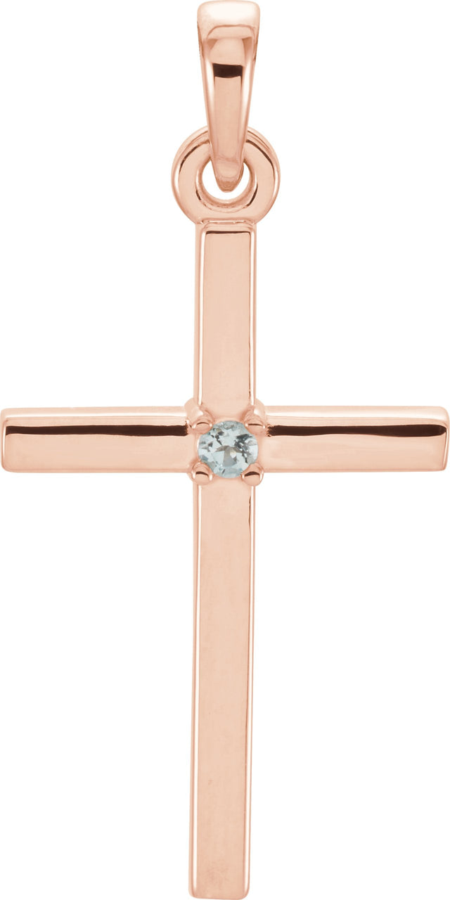 14K Gold Round Natural Aquamarine Birthstone Cross Pendant - Rose Gold