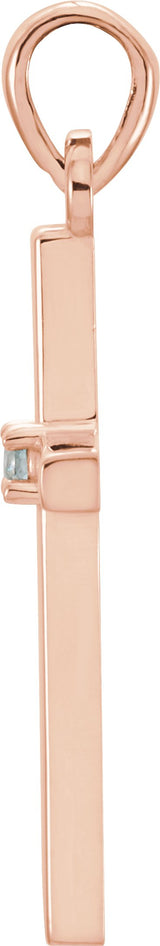 14K Gold Round Natural Aquamarine Birthstone Cross Pendant - Rose Gold - view 2