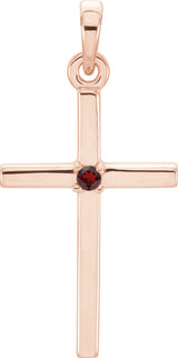 14K Gold Round Natural Mozambique Garnet Birthstone Cross Pendant - Rose Gold