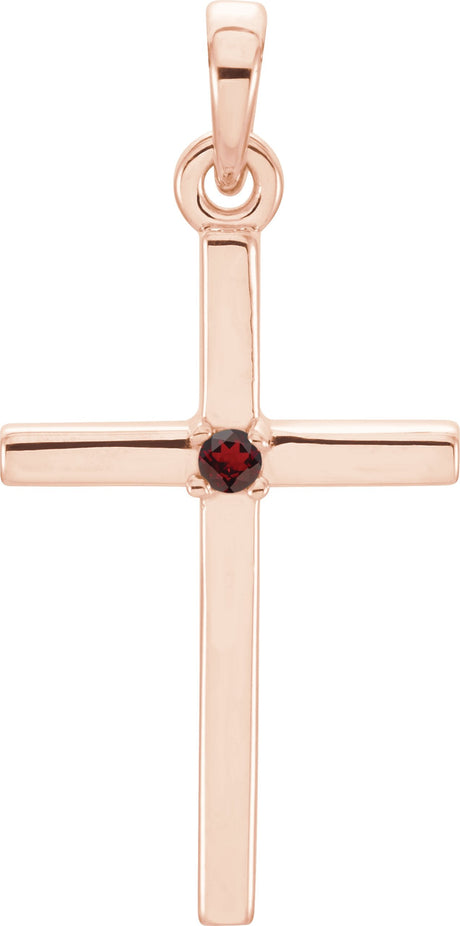 14K Gold Round Natural Mozambique Garnet Birthstone Cross Pendant - Rose Gold