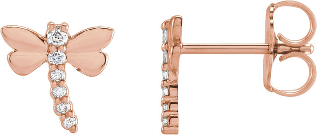 14K Gold Round Natural Diamond Dragonfly Earrings - Rose Gold