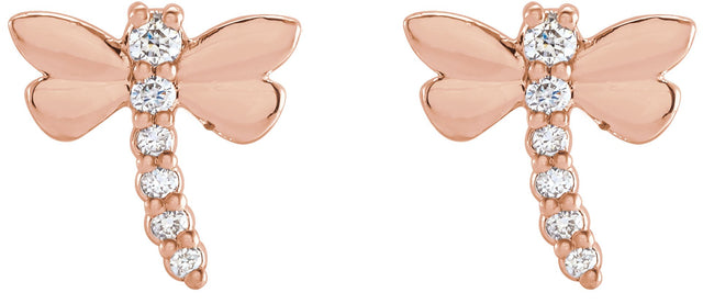 14K Gold Round Natural Diamond Dragonfly Earrings - Rose Gold - view 2
