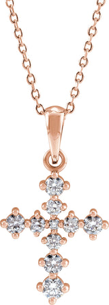 14K Gold Round Natural Diamond Cross Necklace or Pendant II - Rose Gold