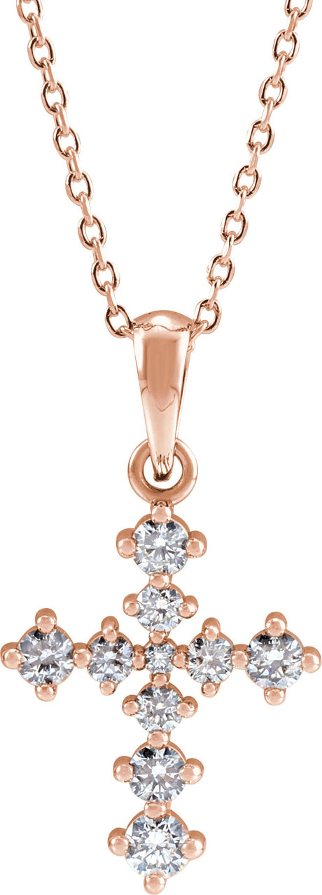 14K Gold Round Natural Diamond Cross Necklace or Pendant II - Rose Gold
