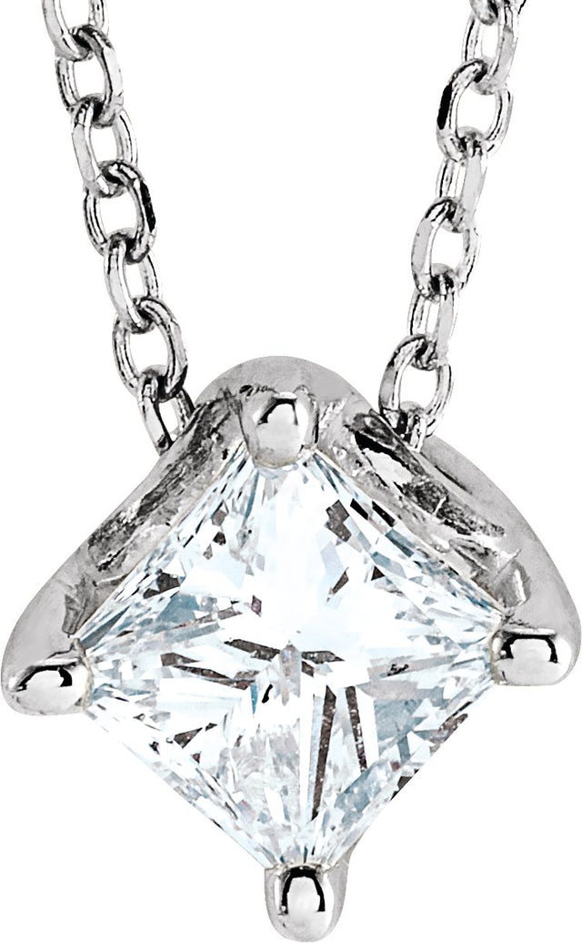 14K Gold Square Natural Diamond Solitaire Necklace or Slide Pendant - White Gold