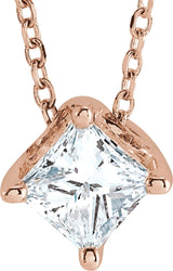 14K Gold Square Natural Diamond Solitaire Necklace or Slide Pendant - Rose Gold