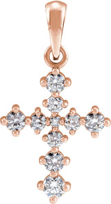14K Gold Round Natural Diamond Cross Necklace or Pendant II - Rose Gold