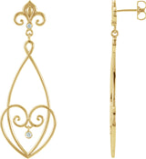 14K Gold Round Natural Diamond Fleur-de-lis Earrings III