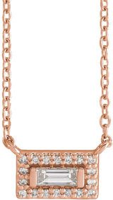14K Gold Straight Baguette Natural Diamond Halo-Style Necklace - Rose Gold