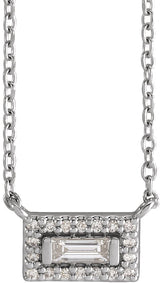14K Gold Straight Baguette Natural Diamond Halo-Style Necklace - White Gold