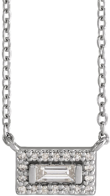 14K Gold Straight Baguette Natural Diamond Halo-Style Necklace - White Gold