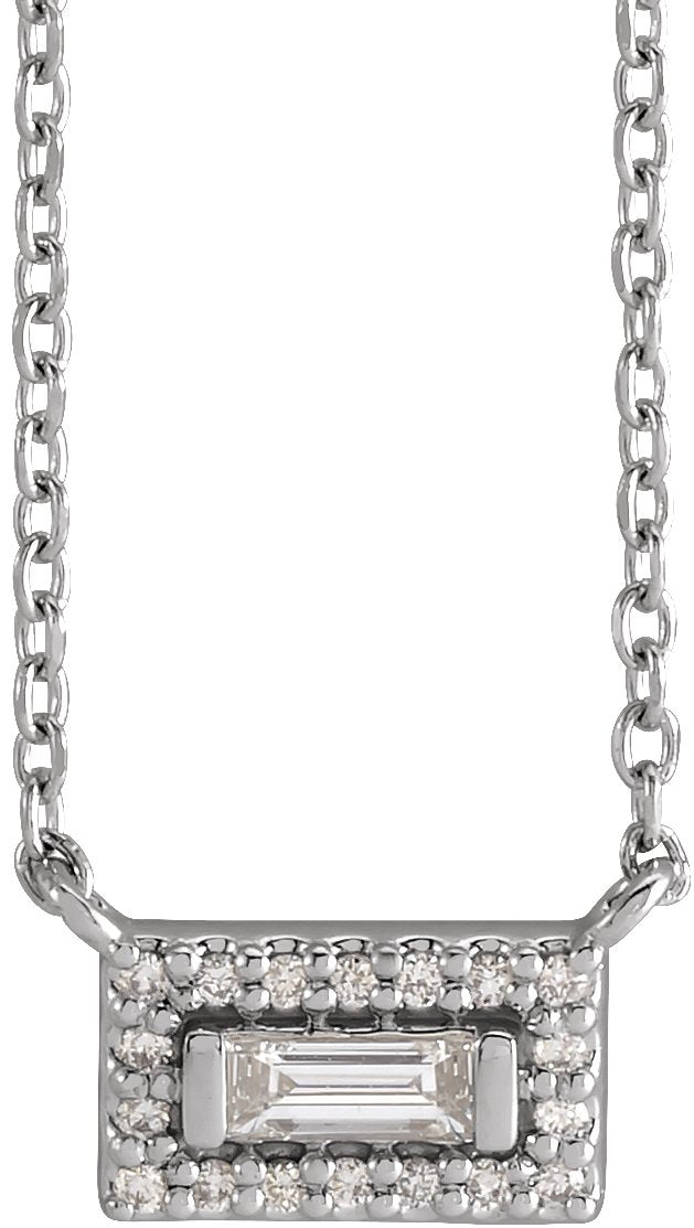 Platinum Straight Baguette Natural Diamond Halo-Style Necklace