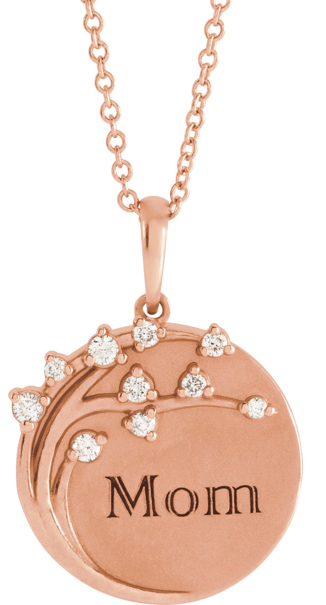 14K Gold Round Natural Diamond Engravable Family Tree Necklace or Pendant - Rose Gold - view 4