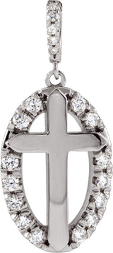 14K Gold Round Natural Diamond Halo-Style Cross Necklace or Pendant - White Gold