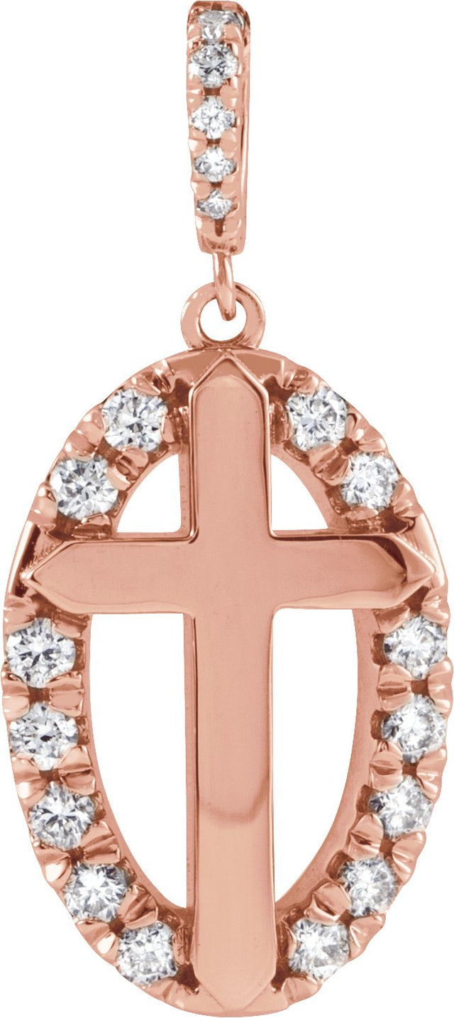 14K Gold Round Natural Diamond Halo-Style Cross Necklace or Pendant - Rose Gold