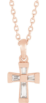 14K Gold Tapered Baguette Natural Diamond Accented Cross Necklace or Pendant - Rose Gold