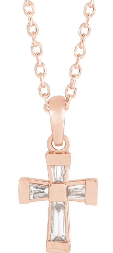 14K Gold Tapered Baguette Natural Diamond Accented Cross Necklace or Pendant - Rose Gold