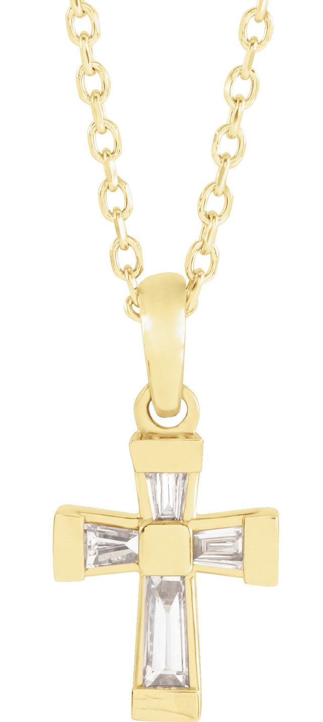 14K Gold Tapered Baguette Natural Diamond Accented Cross Necklace or Pendant - Yellow Gold