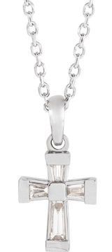 14K Gold Tapered Baguette Natural Diamond Accented Cross Necklace or Pendant - White Gold