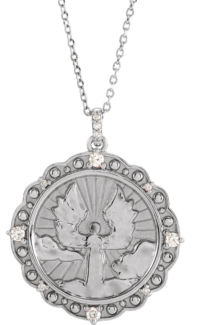 Platinum Round Natural Diamond Guardian Angel Necklace or Pendant
