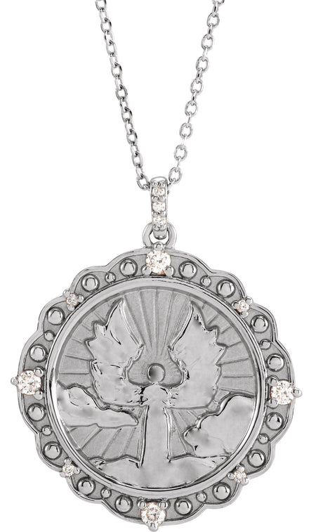 14K Gold Round Natural Diamond Guardian Angel Necklace or Pendant - White Gold