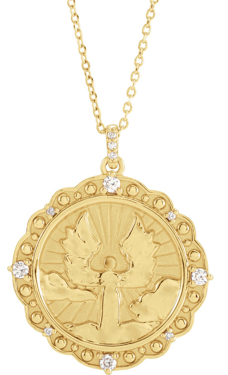14K Gold Round Natural Diamond Guardian Angel Necklace or Pendant - Yellow Gold