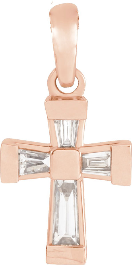 14K Gold Tapered Baguette Natural Diamond Accented Cross Necklace or Pendant - Rose Gold
