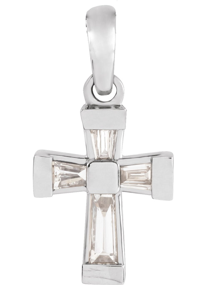 14K Gold Tapered Baguette Natural Diamond Accented Cross Necklace or Pendant - White Gold