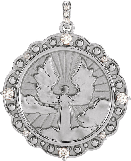 14K Gold Round Natural Diamond Guardian Angel Necklace or Pendant - White Gold