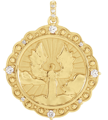 14K Gold Round Natural Diamond Guardian Angel Necklace or Pendant - Yellow Gold