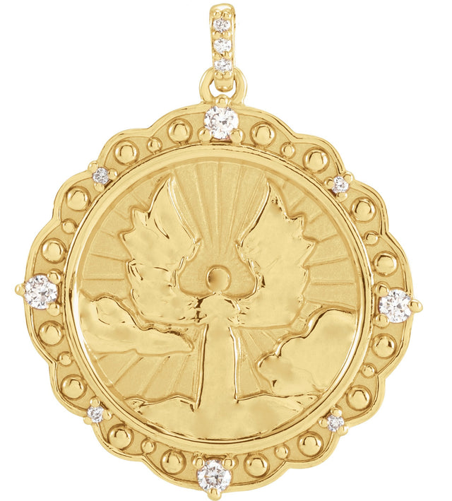 14K Gold Round Natural Diamond Guardian Angel Necklace or Pendant - Yellow Gold