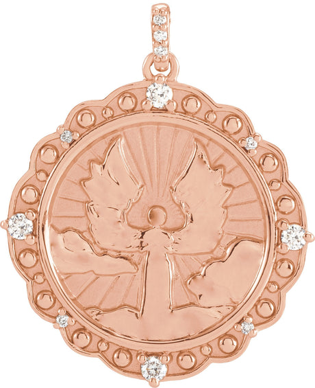 14K Gold Round Natural Diamond Guardian Angel Necklace or Pendant - Rose Gold