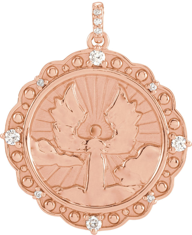 14K Gold Round Natural Diamond Guardian Angel Necklace or Pendant - Rose Gold