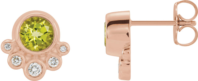14K Gold Round Natural Peridot Accented Bezel-Set Earrings - Rose Gold