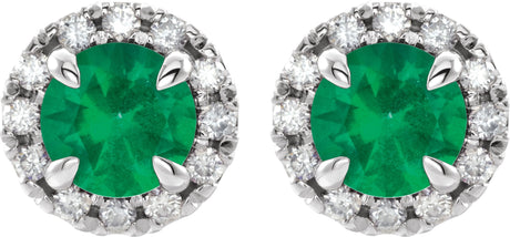 Platinum Round Natural Emerald French-Set Halo-Style Earrings - view 2