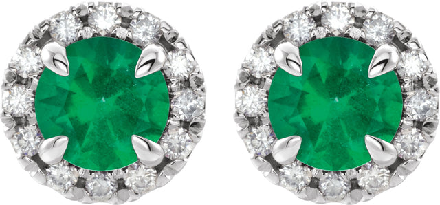 14K Gold Round Natural Emerald French-Set Halo-Style Earrings - White Gold - view 2