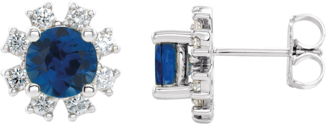 Platinum Lab-Grown Blue Sapphire Round 4-Prong Halo-Style Earrings