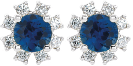 Platinum Lab-Grown Blue Sapphire Round 4-Prong Halo-Style Earrings - view 2