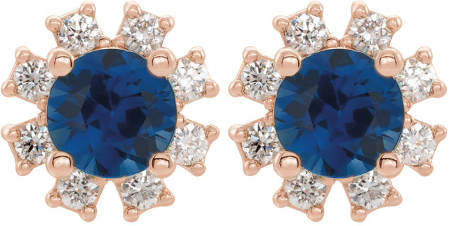 14K Gold Lab-Grown Blue Sapphire Round 4-Prong Halo-Style Earrings - Rose Gold - view 2