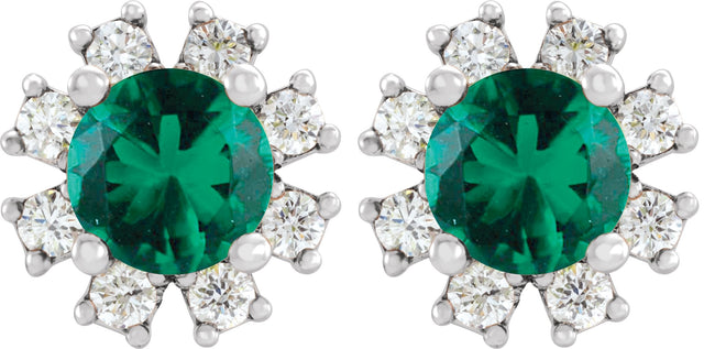 Platinum Lab-Grown Emerald Round 4-Prong Halo-Style Earrings - view 2