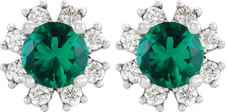 Platinum Natural Emerald Round 4-Prong Halo-Style Earrings - view 2