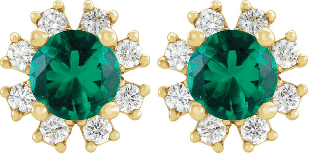 14K Gold Lab-Grown Emerald Round 4-Prong Halo-Style Earrings - Yellow Gold - view 2