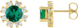 14K Gold Lab-Grown Emerald Round 4-Prong Halo-Style Earrings - Yellow Gold