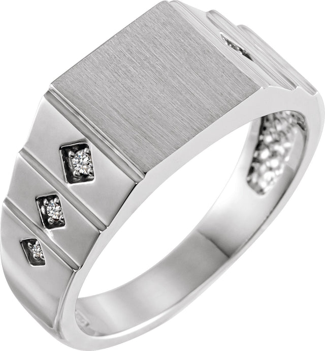 14K Gold Round Natural Diamond Geometric Signet Ring II - White Gold