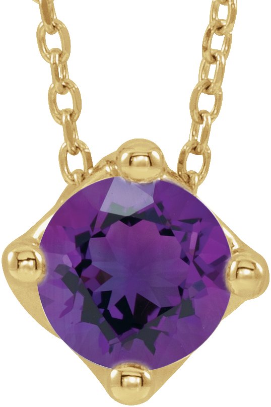 14K Gold Round Natural Amethyst Solitaire Necklace or Slide Pendant - Yellow Gold
