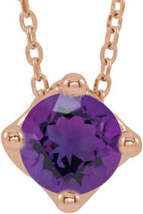 14K Gold Round Natural Amethyst Solitaire Necklace or Slide Pendant - Rose Gold