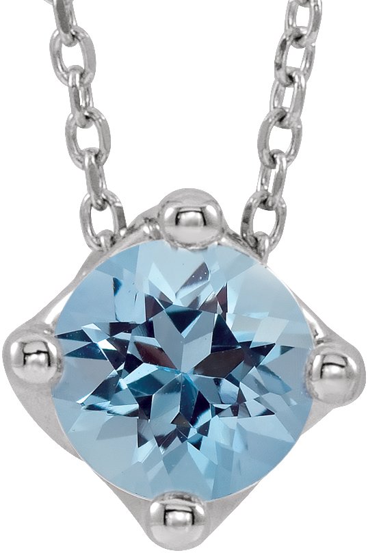 Platinum Round Natural Aquamarine Solitaire Necklace or Slide Pendant
