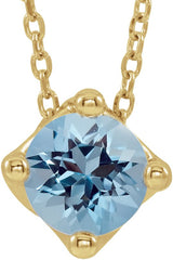 14K Gold Round Natural Aquamarine Solitaire Necklace or Slide Pendant - Yellow Gold