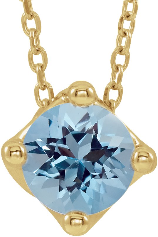 14K Gold Round Natural Aquamarine Solitaire Necklace or Slide Pendant - Yellow Gold