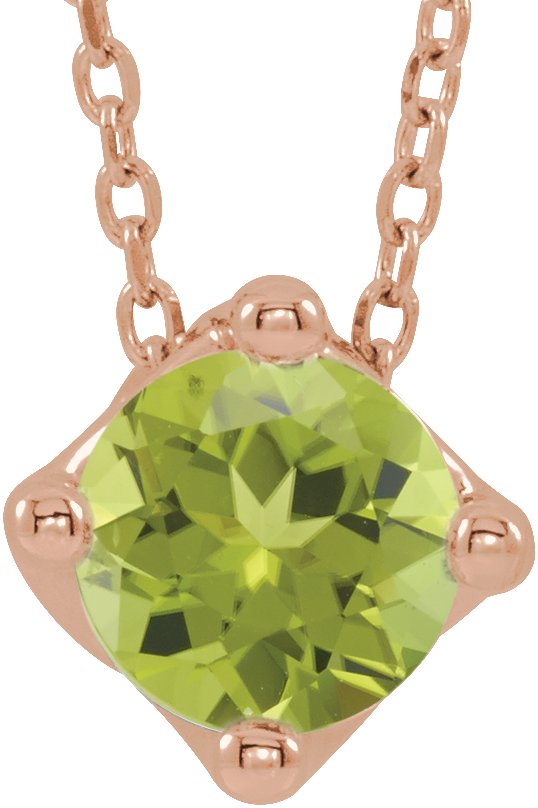 14K Gold Round Natural Peridot Solitaire Necklace or Slide Pendant - Rose Gold